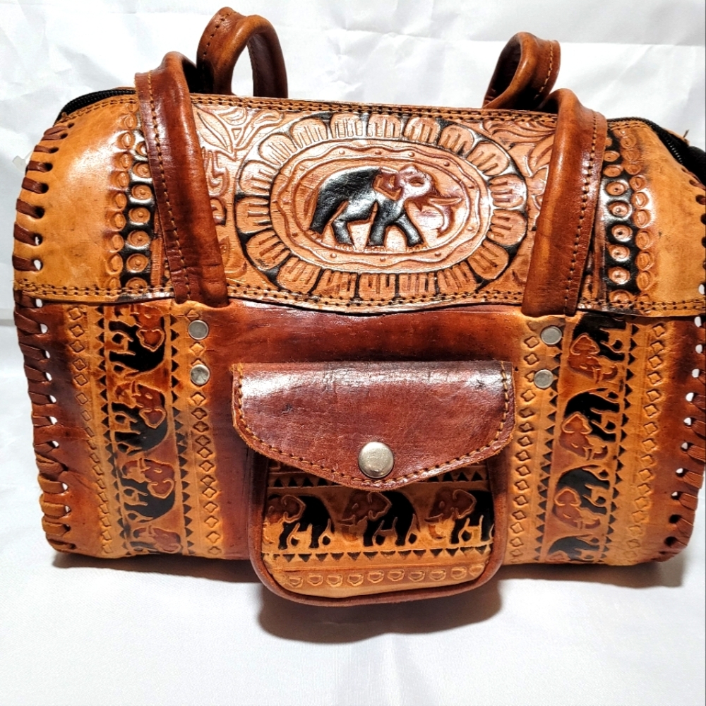 *SOLD* NWOT Leather Hand Embossed Handbag Elephants